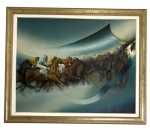 Obra figurativa em técnica mista sobre Eucatex representando corrida de cavalos , executada em tons predominantemente azulados. Emoldurada. Apresenta risco conforme foto extra.  Medindo: 1,00 x 1,22 m.