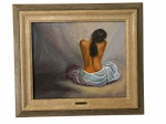 MÔNICA BEZ BLATTER (São Paulo, 1968). Nu feminino. Óleo sobre tela, representando figura feminina sentada e vista de costas. Assinado no canto inferior esquerdo. Emoldurado, com plaqueta de identificação da artista. Medidas: tela, 46 x 38 cm; com moldura, 63 x 55 cm.