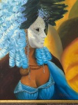MÔNICA BEZ BLATTER (São Paulo, 1968). Baile de Máscaras. Óleo sobre tela, representando figura feminina em traje de inspiração veneziana, com máscara ornamentada e adereço de plumas. Assinado e datado de 1998 no canto inferior direito. Título, data e assinatura no verso. Emoldurado, com plaqueta de identificação da artista. Medidas: tela, 55 x 46 cm; com moldura, 67 x 58,3 cm.
