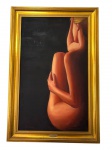 MÔNICA BEZ BLATTER. Óleo sobre tela representando nu feminino sentado, em composição intimista de fundo escuro. Assinado no canto inferior esquerdo. Assinado, intitulado e datado de 2000 no verso. Emoldurado. Medidas: tela 84 x 51 cm; moldura 100 x 67 cm.