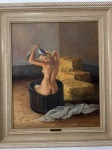 MÔNICA BEZ BLATTER. Hora do Banho. Óleo sobre tela. Assinado no canto inferior direito. e no verso Rio de Janeiro, datado de 1998. Emoldurado. Medidas: tela 55 x 46,2 cm; moldura 73 x 64 cm.