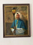 MÔNICA BEZ BLATTER. Óleo sobre tela representando figura masculina em traje religioso, portando luminária processional, em composição de caráter sacro. Emoldurado. Medidas: tela 73 x 91,5 cm; moldura 85,2 x 103 cm.