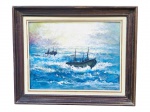 ASSINATURA DESCONHECIDA, "Embarcações", óleo sobre eucatex, datado de 1989, moldura em madeira escura com leves falhas, medindo 64,5x79,5cm e obra 46x61cm.