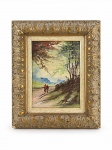 M. AUGUSTA, "Paisagem Campestre", óleo sobre tela, moldura em madeira com decoração vegetalista com folha de ouro, apresentando desgastes na moldura, dedicatória no verso, medindo 34x28cm e obra 20,5x15cm, sinais de craquele na pintura.