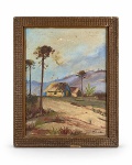 ASSINATURA DESCONHECIDA, "Paisagem Campestre", óleo sobre tela, apresentando desgastes e furos, moldura em madeira, medindo 40,5x32,5cm, apresentando desgastes e obra 33x25,5cm.