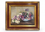 ASSINATURA ILEGÍVEL, "Vaso de Flores", óleo sobre tela, moldura em madeira com patina dourada e vermelha, medindo 74x87cm e tela 49,5x60cm. Leve manchas na pintura.