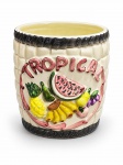 FAIANÇA, um (1) cachepot confeccionado em faiança vitrificada na tonalidade creme, decorada por frutos em relevo e policromia com inscrição TROPICAL, bordas em tom preto, verso com marcação do Pão de Açúcar e Seara, sinais de craquele, medindo 16x16cm.