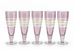 VIDROS, conjunto composto por cinco (5) taças em vidro translúcido, em tonalidade rosa, com bojos cilíndricos, hastes alongadas e bases circulares, apresentando faixas horizontais com  delicados filetes dourados , medida : 20 cm , falhas da douração