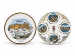 PORCELANA e FAIANÇA, dois (2) pratos decorativos, sendo: A) 1 prato confeccionado em faiança vitrificada, alusivo à ilha de Patmos, Grécia, com vista arquitetônica e inscrições em grego, com filete dourado na borda, medindo 19cm e B) 1 prato confeccionado em porcelana na tonalidade branca alusivo à Nice e Riviera Francesa, decorado com brasão central e vistas de Nice, Mônaco, Menton e Cannes, adornado por elementos vegetalistas em ouro, medindo 19,5cm.