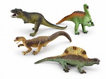 BRINQUEDOS, quatro (4) miniaturas de animais pré-históricos, confeccionadas em plástico emborrachado e pintadas, representando: A) dinossauro terópode, tipo Tyrannosaurus Rex; B) dinossauro herbívoro de pescoço alongado; C) pequeno dinossauro terópode, tipo Velociraptor; e D) Dimetrodon, com característica vela dorsal, maior medindo 23cm e menor 20cm.