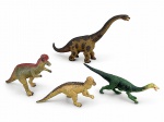 BRINQUEDOS, quatro (4) miniaturas de dinossauros, confeccionadas em material emborrachado e pintadas, representando espécies herbívoras de diferentes portes, incluindo saurópode de pescoço longo, Parasaurolophus e outros dinossauros quadrúpedes. Apresentam sinais de uso e 1 com quebra nas mãos e no rabo, maior medindo 31cm e menor 19cm.