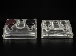 VIDROS, dois (2) tinteiros confeccionados em vidro translucido, ambos com 2 recipientes para tinta, 1 liso com tampas plásticas e 1 com moldagem quadrangular sem tampa, medindo 5x19,5x14,5cm e 4,5x17,5x13cm. Bicados.