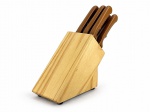 EQUIPAMENTOS DE COZINHA / TRAMONTINA - Conjunto de facas para cozinha, com lâminas em aço inoxidável e cabos em plástico rígido em tom marrom, acompanhadas de suporte organizador em madeira e embalagem original. Medida : 27 x 7 cm