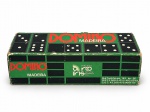 DIVERSOS, um (1) dominó em madeira com 28 peças, marca IRIS  Indústria de Brinquedos e Objetos Ltda., composto por conjunto de peças pretas com marcações brancas. Acompanha caixa original ilustrada Dominó Madeira. Peças e embalagem com sinais de uso e desgaste.