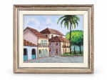 M.H. ANDRADE Casario de Parati II, acrílico sobre tela, leve falha e risco vide foto, moldura em madeira, medindo 83,5x97cm e tela 60,5x74cm.