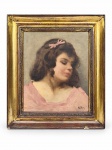 ASSINATURA DESCONHECIDA, Figura Feminina, óleo sobre eucatex, pequenos sinais de inchaço, moldura em madeira com patina dourada, apresentando bicados, medindo 51,5x45,5cm e obra 37x31cm.