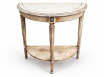 MOBILIÁRIO, um (1) console confeccionada em madeira com patina branca, tampo meia lua, entalhe floral, pés com entalhes de caneluras e estágio inferior, apresentando manchas na patina e desgastes, medindo 78x78,5x39cm.