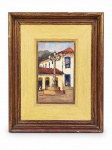 JESUS, Praça, óleo sobre tela, datado de 1977, moldura em madeira com patina escura, medindo 47x36cm e tela 24x14,5cm.