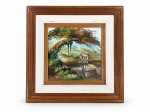 MARIA AUGUSTA, "Paisagem", óleo sobre tela, moldura em madeira clara com leves desgastes, medindo 52x52cm e tela com chassi 30,5x30,5cm.
