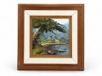 MARIA AUGUSTA, "Paisagem", óleo sobre tela, moldura em madeira clara com leves desgastes, medindo 52,5x52,5cm e tela com chassi 30,5x30,5cm, levíssimos sinais de cupim na parte traseira.