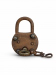 COLECIONISMO, um (1) antigo cadeado em metal, acompanhado de corrente e gancho lateral. Apresenta forte oxidação, desgaste, marcas de uso e do tempo. Peça no estado, medindo 9x6cm.