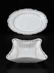 PORCELANA REAL, duas (2) peças, sendo: A) 1 travessa oval, medindo 36x26cm e B) 1 tigela quadrangular e funda, medindo 7x21,5x21,5cm, confeccionadas em porcelana na tonalidade branca, decorada por guirlanda floral em policromia e filetes em ouro.