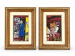 QUADROS, dois (2) trabalhos de HÉLIO, datados de 1999, executados sobre eucatex, com temática alusiva a célebres artistas, sendo: A) Picasso em seu estúdio, trabalho nº 1.980, representando Pablo Picasso diante de composição cubista; B) Toulouse-Lautrec pintando, trabalho nº 1.982, representando Henri de Toulouse-Lautrec em cena de ateliê. Ambos assinados e datados, com identificação manuscrita no verso: Rio de Janeiro  Brasil  1999. Emoldurados em madeira, medindo 30,5x22cm e obra 20x12cm.