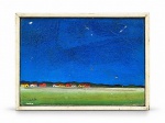 ASSINATURA DESCONHECIDA, uma (1) pintura sobre tela, representando paisagem com casarios colorido ao fundo, campo em tons de verde e amplo céu azul, assinada no canto inferior esquerdo. Emoldurada. Apresenta craquelê, pequenas perdas de camada pictórica e sinais do tempo, conforme fotos, medindo 17,8x23,5cm.