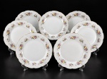 PORCELANAS, sete (7) pratos rasos confeccionados em porcelana na tonalidade branca, decorado por flores e folhagens em policromia, realces vegetalistas em tom branco e borda em ondulações com filetes salmão, leves falhas no filete, medindo 23,5cm de diâmetro.