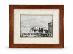 QUADRO, uma (1) reprodução de uma litografia histórica de Grenoble, na França, mostrando as margens do rio Isère e o Fort de la Bastille ao fundo, moldura em madeira com frente em vidro, apresentando sinais de fungos internos, medindo 20x25cm.