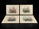 CAMA, MESA & BANHO, jogo americano da manufatura PIMPERNEL, de origem inglesa, com quatro (4) peças confeccionadas em cortiça com estampa de elementos florais em policromia, espessa faixa em tom creme com realces filetados dourado, apresentam sinais de uso e pequenos desgastes , medindo 40x30cm.