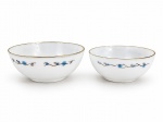 TERMO-REY, duas (2) saladeiras confeccionadas em vidro opalinado na tonalidade branca, decorada por pinhas e elementos florais com borda filetada a ouro, falhas na douração, medindo 9x23cm e 8x19cm.