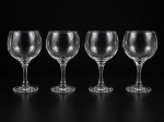 VIDROS, quatro (4) taças para vinho confeccionados em vidro translucido, corpo bojudo, haste cilíndrica, apoiada sobre base circular, medindo 20x9,5cm.