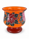 VIDRO, um (1) vaso confeccionado em vidro na tonalidade abóbora, decorado por flores e folhagens em policromia, base no estado da foto, podendo ser recortada e usada como cúpula, medindo 18x18cm.
