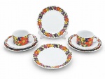 PORCELANA RENNER MEDAILLON, seis (6) peças confeccionadas em porcelana nacional na tonalidade branca, ricamente decorada por elementos florais em rica policromia, sendo: A) 2 trios para chá, sendo 2 xícaras para chá com seus respectivos pires e 2 pratos para biscoitos, xícaras medindo 5x10,5x8,5cm pratos 18cm e B) 2 pratos para sobremesa, medindo 18cm.
