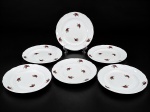 PORCELANA REAL, seis (6) pratos rasos confeccionados em porcelana na tonalidade branca, decorada por flores e folhagens em policromia, alguns com pequenas falhas na pintura e vestígios de douração, medindo 24,5cm de diâmetro.