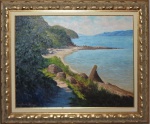 Moreto Santigo, `Marinha com Rochas e Figuras datado de 97` - óleo sobre tela medindo 59 X 80 Cm, a.c.i.d