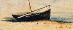 Castagneto, `Marinha com barco` - Óleo sobre placa colado em cartão medindo 10,5 x 25x5, a.c.i.d - datado 1887