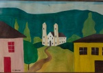 DJANIRA DA MOTTA E SILVA, `Paisagem com Casario e Igreja` - guache sobre papel medindo 21 x 30, a.c.i.e