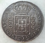 Brasil, Patacão, 960 Réis, 1817R, Rio de Janeiro. Variante 42A (Lupércio). Recunho 8 Reales, Potosí, 1806, PJ. Anverso no reverso. Prata