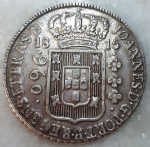 Brasil, Patacão, 960 Réis, 1815B, Bahia. Variante 7A. (Reb) Recunho 8 Reales (Lima). 1.800. Hastes do trapézio invadem triângulo. Prata