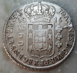 Brasil, Patacão, 960 Réis, 1815B, Bahia. Variante 6A (Reb), Recunho 8 Reales (Lima), JP. Borda entre o "G" e "N" de SIGN. Sobra de metal entre "NN" de JOANNES, cunho quebrado. Pequeno boné com espinha de peixe. Prata