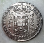 Brasil, Patacão, 960 Réis, 1814B, Bahia. Variante 1B (Reb), Recunho 8 Reales Potosí. As letras "A" de "NATA" são menores. e o "A" e "B" de STAB com cunho entupido. Reverso com boné e espinha de peixe. Prata