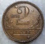 Brasil, 2 cruzeiros, 1956, Anomalia (Variedade não catalogada: Chuva de estrelas em alto relevo no reverso (mais evidente sobre a palavra BRASIL), Módulo Grande  Bronze-Alumínio - muito escassa!