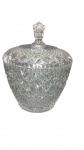 Potiche / Bonbonnière em Cristal com tampa em cristal ricamente trabalhado com lapidação geométrica em padrão diamantes. Acompanha tampa e pega facetada, falta colher , medidas: 28 cm (altura) x 23 cm (diâmetro) Excelente conservação