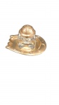 Antigo Tinteiro de Mesa em Metal Dourado e Cristal translucido com  base em relevo no formato de ferradura,  tampa  solta.  Medidas da base: 7,5 cm x 8,5 cm  Medidas do recipiente: 5 cm x 3,5 cm