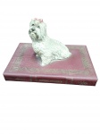 Escultura  decorativa de cãozinho Yorkshire Terrier  sobre base em formato de livro "History of World". Confeccionada em resina policromada.  Medidas da figura: 9 x 13 cm  Medidas da base: 19 x 12 cm
