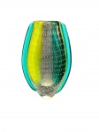 Vaso em Cristal Artístico Estilo Murano trabalhado em camada bicolor (turquesa e amarelo). Decoração interna com efeito bullicante padrão simétrico de microbolhas de ar. Altura: 22 cm Excelente estado geral.