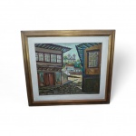 E. Esteves - Beco ensolarado   Ouro Preto - oleo / eucatex  - Medindo  60 x 73 cm e com moldura 85 x 98 cm .