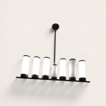 Lustre Pendente Modernista  Estilo Mid-Century  Anos 50/60 com 6 lumes estrutura linear horizontal em metal escuro sustentando 6 cúpulas cilíndricas laterais em vidro opalina branco leitoso. Haste central fixa com canopla circular. Apresenta pátina natural do tempo e desgaste no metal que atestam sua época. Vidros íntegros. Medidas: 1,00 x 0,90 cm aproximadamente, marcas de oxidação decorrentes do tempo. Funcionando.( retirada com agendamento na Tijuca )